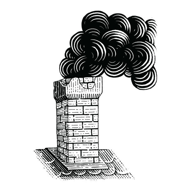 vintage schornstein hand zeichnung gravur illustration schwarz und weiß clipart isoliert auf weißem hintergrund - factory pollution smoke cartoon stock-grafiken, -clipart, -cartoons und -symbole