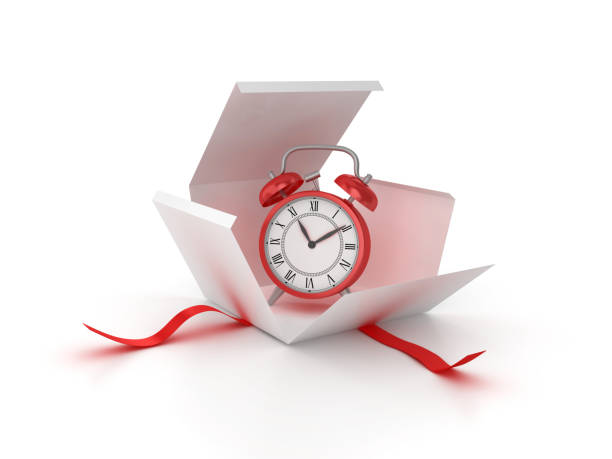 boîte cadeau avec réveil - rendu 3d - deadline time clock urgency photos et images de collection