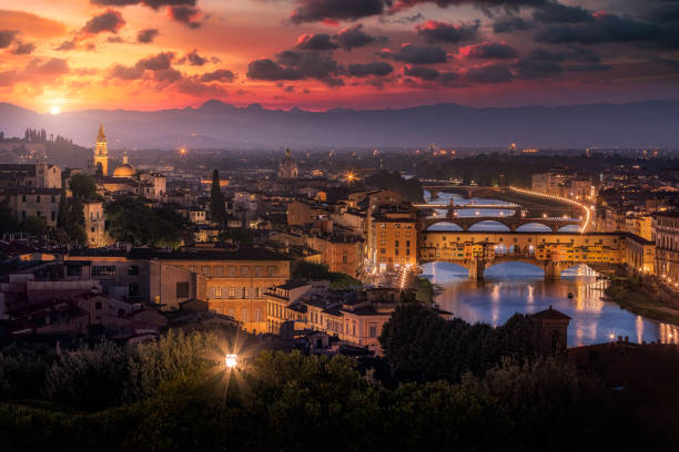 Florence Skyline with Romantic City Lights at Sunset, Italy. stock photo
