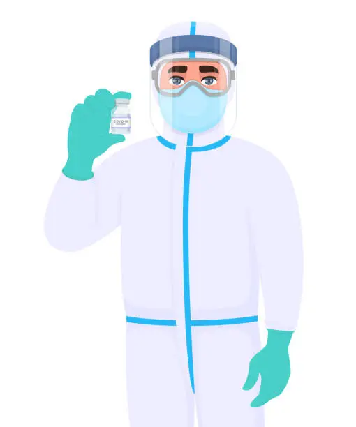 Vector illustration of Doctor in safety protective suit clothing and showing vaccine bottle. Medical person wearing face shield. Professional physician holding medicine vial. Corona virus epidemic. Cartoon illustration.