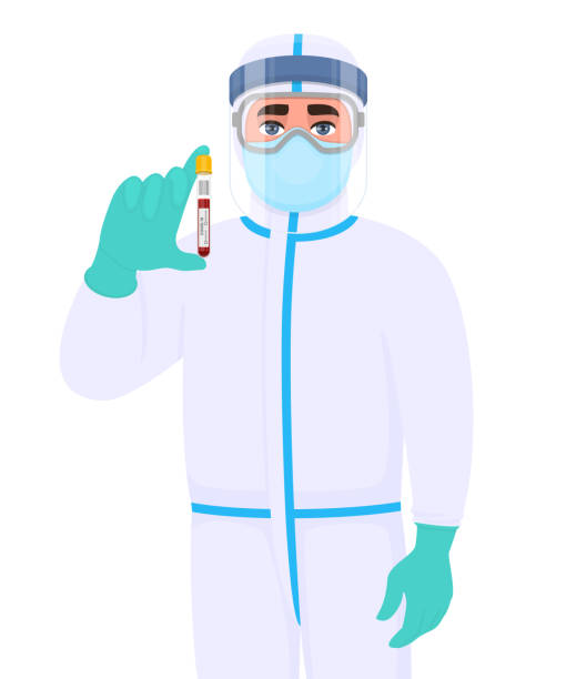 Doctor in virus protection suit and showing blood sample collection. Medical person wearing face shield, latex gloves. Physician covering body with personal protective elements. Corona virus test. Doctor in virus protection suit and showing blood sample collection. Medical person wearing face shield, latex gloves. Physician covering body with personal protective elements. Corona virus test. nurse face shield stock illustrations