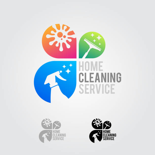 ilustrações, clipart, desenhos animados e ícones de design do logotipo do serviço de limpeza, conceito eco friendly para interior, casa e construção - cleaning services
