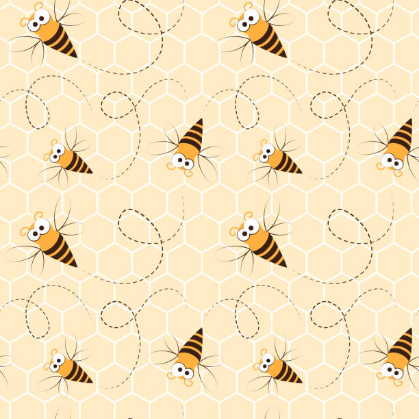 ilustraciones, imágenes clip art, dibujos animados e iconos de stock de patrón sin costuras de dibujos animados con abejas de miel en el fondo del panal - honey hexagon honeycomb spring