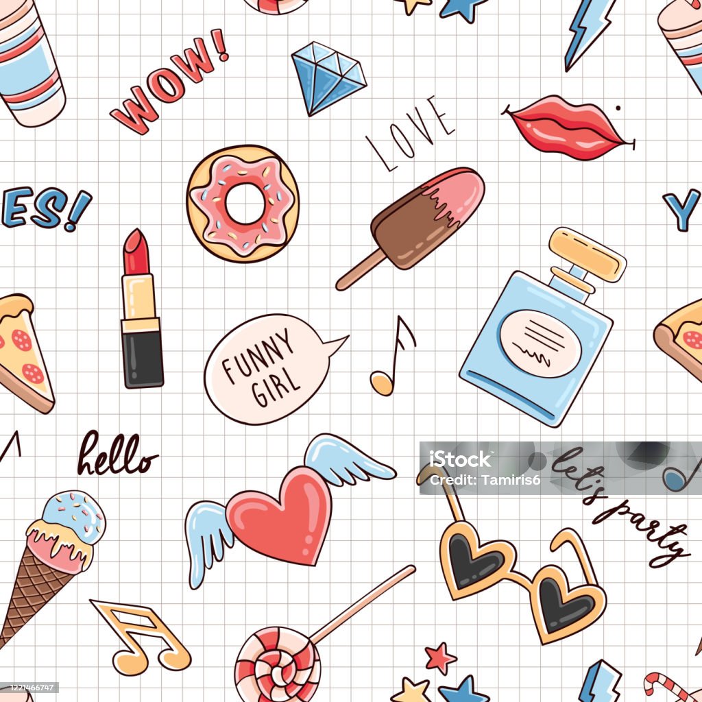 Comic Fashion Seamless Pattern With Ice Cream Diamond Donut Sunglasses  Hashtags On Grid Background Stock Illustration - Download Image Now - iStock