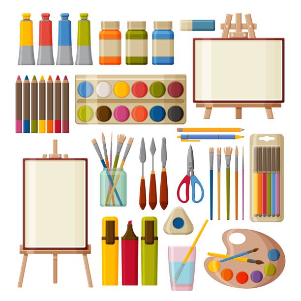 페인트 아트 도구 세트. 수채화, 구아슈 오일 및 아크릴 페인트. 펠트 팁 펜, 색연필, 붓으로 페인팅할 수 있습니다. 테이블과 바닥 이젤. 벡터 그림입니다. - paintbrush paint art and craft equipment vector stock illustrations