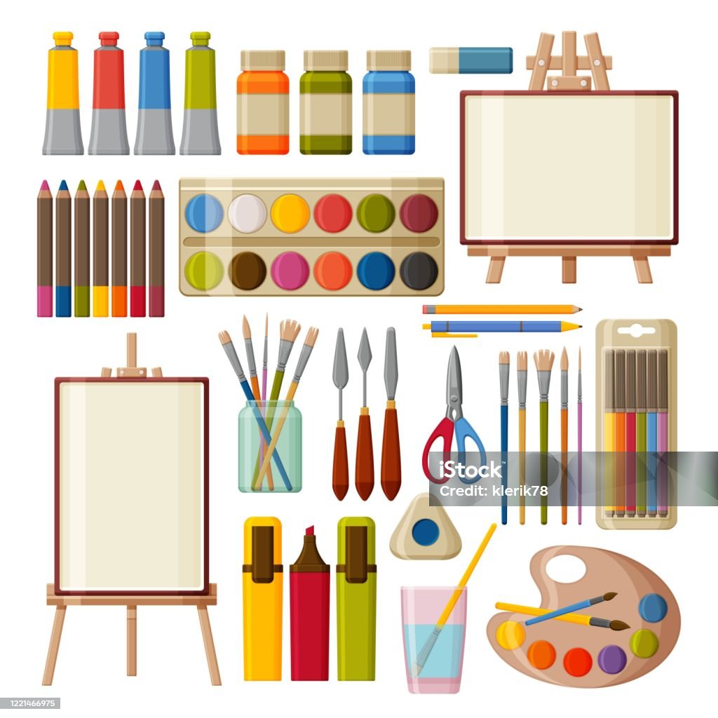 Paint Art Tools Set Watercolor Gouache Oil And Acrylic Paints Felttip Pens  Colored Pencils And Brushes For Painting Table And Floor Easels Vector  Illustration Stock Illustration - Download Image Now - iStock