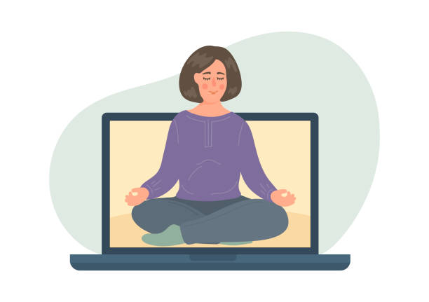 illustrazioni stock, clip art, cartoni animati e icone di tendenza di lezione di meditazione online - yoga meeting