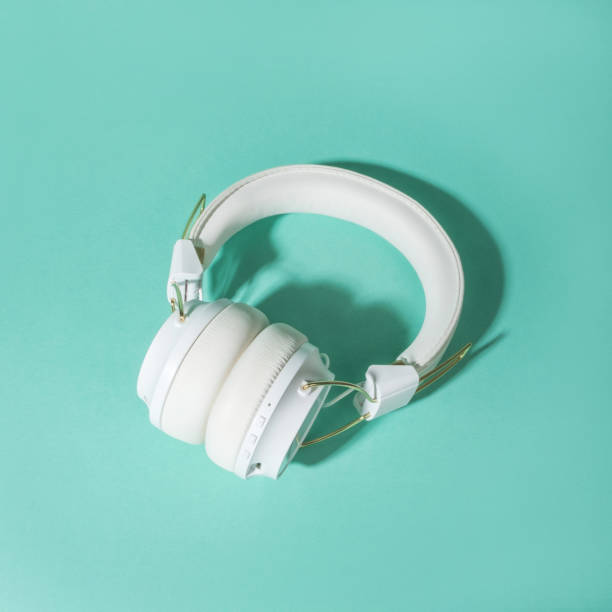 istock Flatlay with stylish white headphones 1221468937