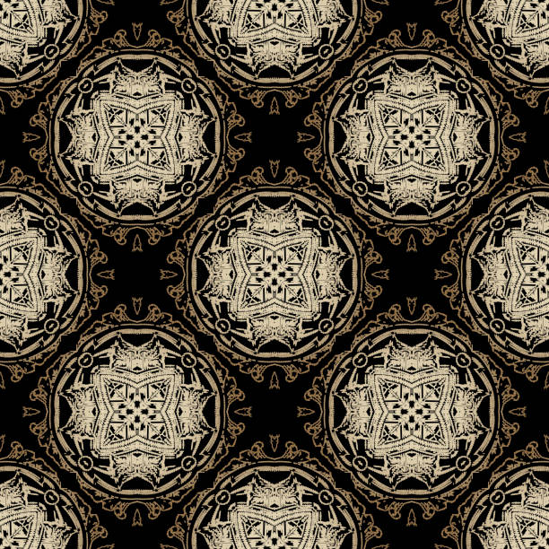 istock Embroidery baroque vector seamless pattern. Colorful floral mandalas background. Tapestry flowers, leaves, hatching grunge baroque ornaments. Embroidered endless rough texture. Vintage ornate design 1221469953