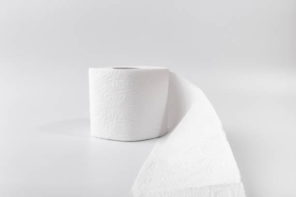 A roll of toilet paper on a white background. Copy space. Space for text.