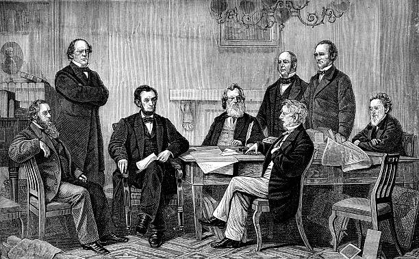 Abraham Lincoln Signs Emancipation Proclamation  president illustrations stock illustrations