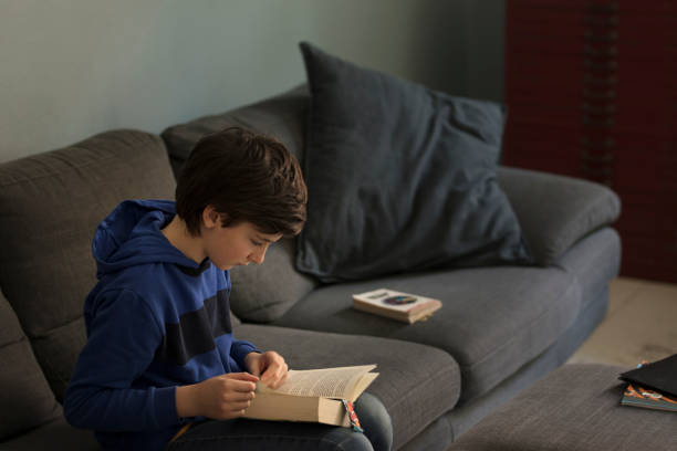 istock relaxed teenager solo reading a book seated on sofa 1221470183