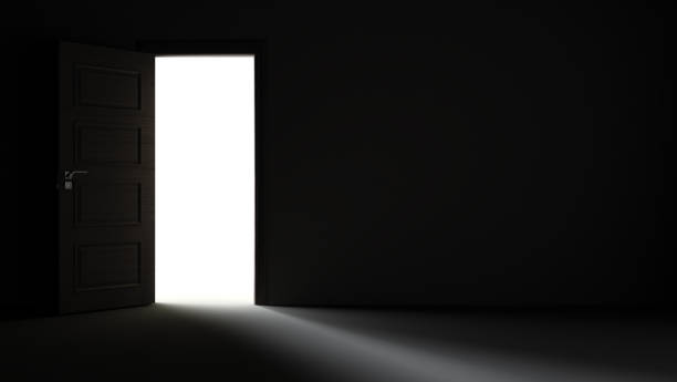 istock Light entering from open door to dark room realistic 3D rendering 1221470600