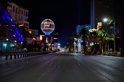 The city of Las Vegas is empty during the COVID-19 pandemic.  All the casinos, restaurants, and bars are closed on the famous Las Vegas strip.