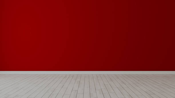 istock Empty room with painted red wall and white wooden floor realistic 3D rendering 1221471634