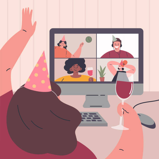 ilustrações de stock, clip art, desenhos animados e ícones de birthday party online during quarantine - friends drink