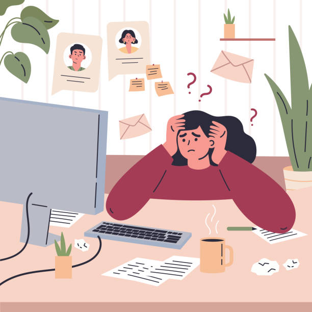 Woman working remotely during quarantine Girl working remotely during quarantine at home.Freelancer is stressed through a lot of work.Young woman sitting at the desk in her room and working.Vector colorful illustration.Flat cartoon character mental burnout illustrations stock illustrations