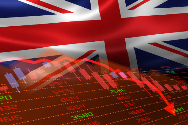 bandeira britânica e desaceleração econômica com indicadores do mercado de ações em vermelho - british flag currency banking uk - fotografias e filmes do acervo