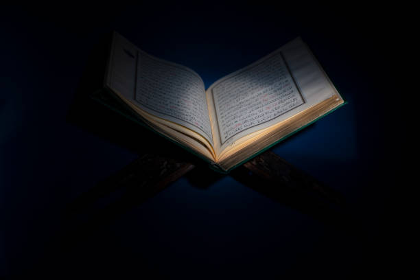 꾸란의 열린 페이지는 파란색 배경에 수라 알 - 바카라를 보여줍니다. 꾸란은 무슬림을위한 이슬람 거룩한 책입니다. 선택적 포커스. - islam koran allah book 뉴스 사진 이미지