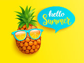 Hipster pineapple in orange sunglasses greeting summer on yellow background. Welcome banner for hot season. Hello party, fun and picnics. Bright poster with exotic fruit. Vector illustration.