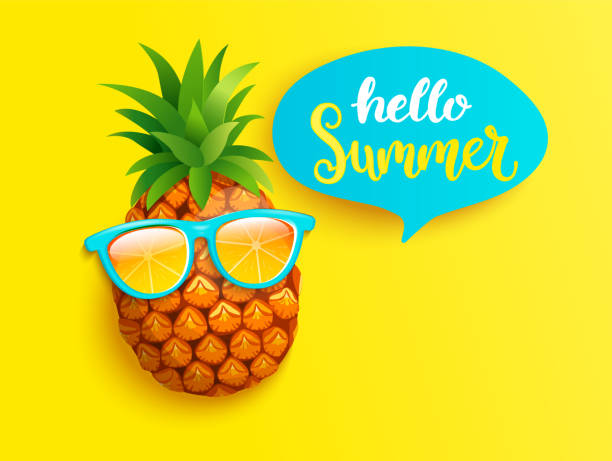 Hello summer greeting banner with pineapple. Hipster pineapple in orange sunglasses greeting summer on yellow background. Welcome banner for hot season. Hello party, fun and picnics. Bright poster with exotic fruit. Vector illustration. pineapple beach stock illustrations
