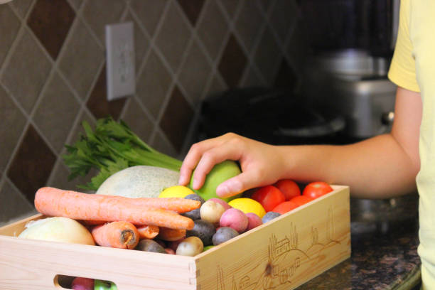 istock Farm Share Box, Community Suppoerted Agriculture (CSA) Box on the kitchen counter 1221476624