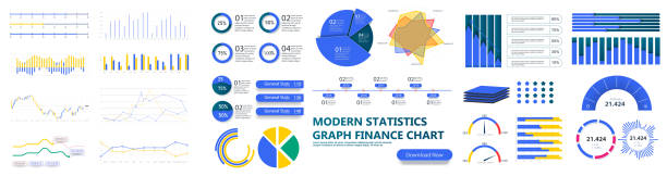Modern infographic template with stock diagrams and statistics bars, line graphs and charts for finance report. Diagram template and chart graph, graphic information visualization. UI, UX, GUI. Vector Modern infographic template with stock diagrams and statistics bars, line graphs and charts for finance report. graph illustrations stock illustrations