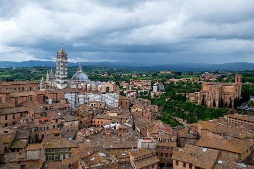 High angle view of historic Siena, a medieval city in Tuscany region of Central Italy.