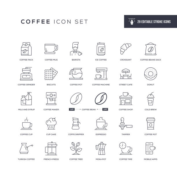 커피 편집 가능한 스트로크 라인 아이콘 - cup coffee pot coffee coffee cup stock illustrations