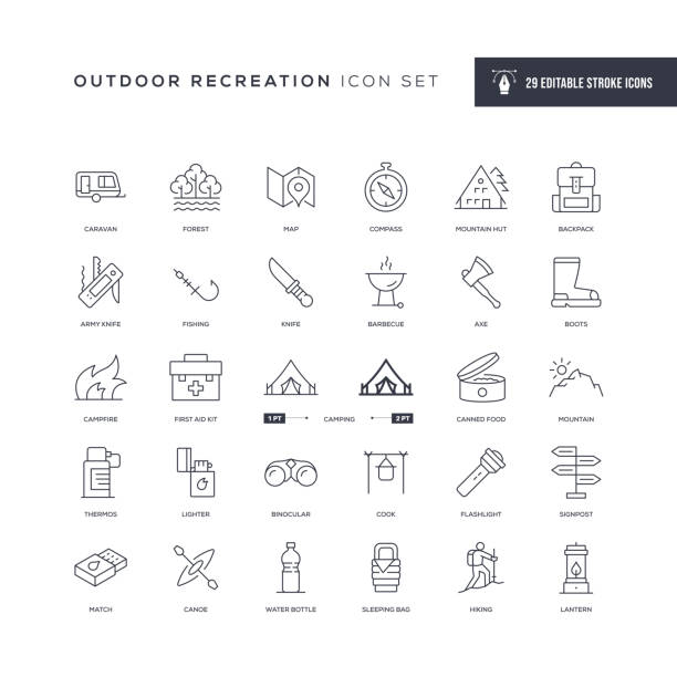 Outdoor Recreation Editable Stroke Line Icons 29 Outdoor Recreation Icons - Editable Stroke - Easy to edit and customize - You can easily customize the stroke with hiking icons stock illustrations