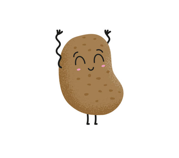 Cute brown cartoon potato character laughing and waving hands on a white background. Food and vegetable concept. Happy smiling funny potato. Vector flat cartoon character illustration vector art illustration