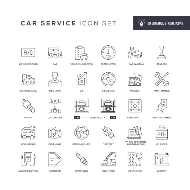 ilustraciones, imágenes clip art, dibujos animados e iconos de stock de iconos de línea de trazo editables de servicio de coche - repair shop illustrations
