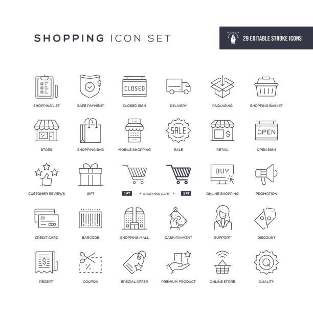ilustraciones, imágenes clip art, dibujos animados e iconos de stock de iconos de la línea de trazos editables de compras - online shopping