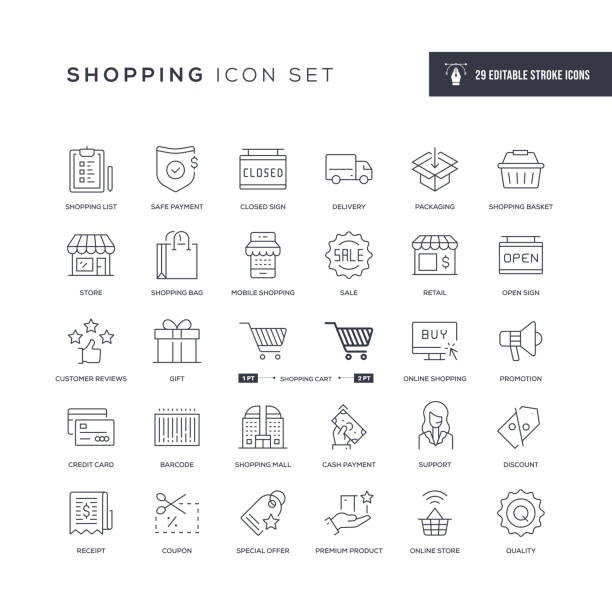 ilustrações de stock, clip art, desenhos animados e ícones de shopping editable stroke line icons - shopping basket