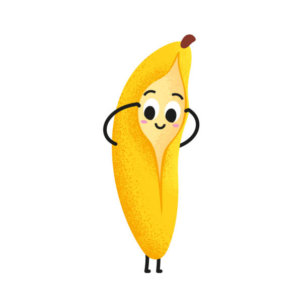 illustrations, cliparts, dessins animés et icônes de illustration mignonne de vecteur de banane. drôle cache-cache banane. ouvrez le zeste jaune de banane. visage souriant de dessin animé pour des enfants. caractère fruitier sain et heureux. fruit plat minimal. - mouth open illustrations
