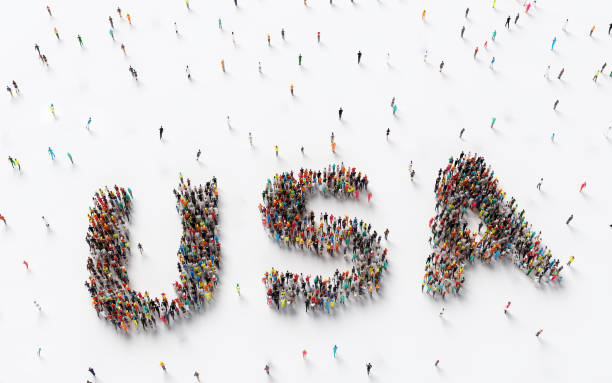 istock Big group of people forming USA lettering. 1221480762