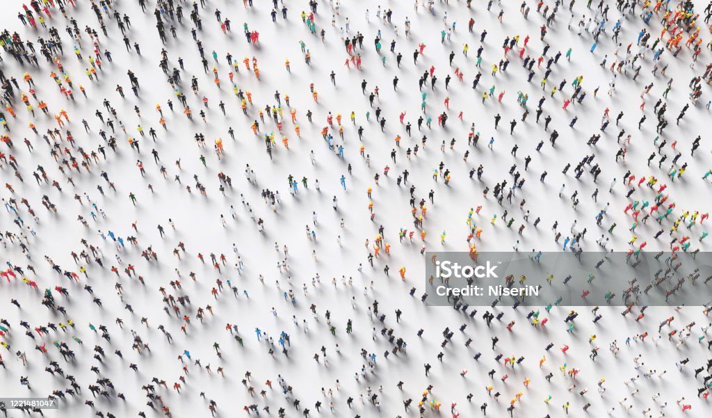 Hundreds of people walking in one direction. Hundreds of people walking in one direction. Society and diverse world. Conceptual 3D illustration Abundance Stock Photo