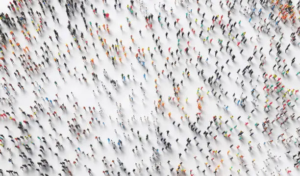 Hundreds of people walking in one direction. Society and diverse world. Conceptual 3D illustration