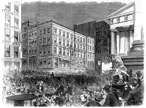 Vintage illustration features the Panic of 1873, a financial crisis that triggered an economic depression in Europe and North America that lasted from 1873 until 1877. View showcases a crowd at the intersection of Nassau and Broad Streets in the Manhattan, New York City financial district.