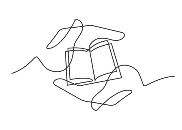 Hands book one line Continuous line drawing of open book in hands. Book between two  human hands meaning care and love.  Vector illustration single object illustrations stock illustrations