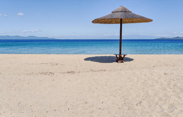 istock Sunbeds and umbrellas on beautiful sandy beach with turquoise sea 1221482233