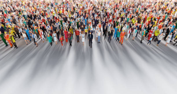 istock Crowd of people walking in one direction. Low poly style. 1221482347