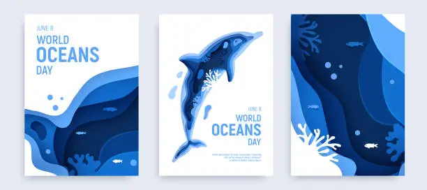 Vector illustration of Paper art world ocean day banner set with dolphin silhouette. Underwater world page layout. Paper cut sea background with dolphin, waves and coral reefs. Craft vector illustration.