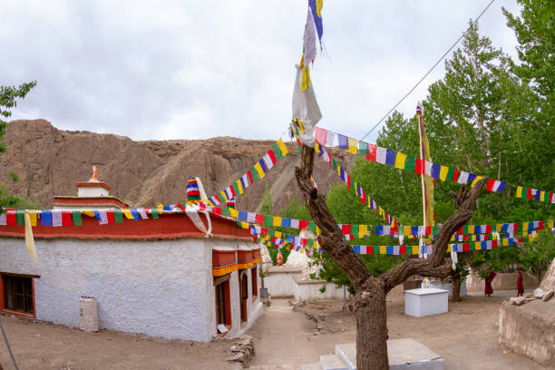 Inner courtyard of the ancient Buddhist monastery Alchi in Ladakh on the Tibetan plateau stock photo