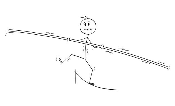 vektor-cartoon-illustration von ropewalker, tightrope walker, mann oder geschäftsmann walking on rope. konzept oder risiko. - stock exchange finance stock market investment stock-grafiken, -clipart, -cartoons und -symbole