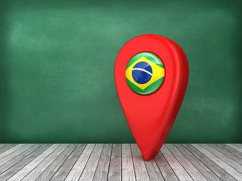 GPS Marker with BRAZILIAN Flag on Chalkboard - 3D Rendering
