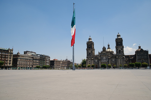 The famous Zocalo in Mexico City totally empty during the Covid-19 pandemic