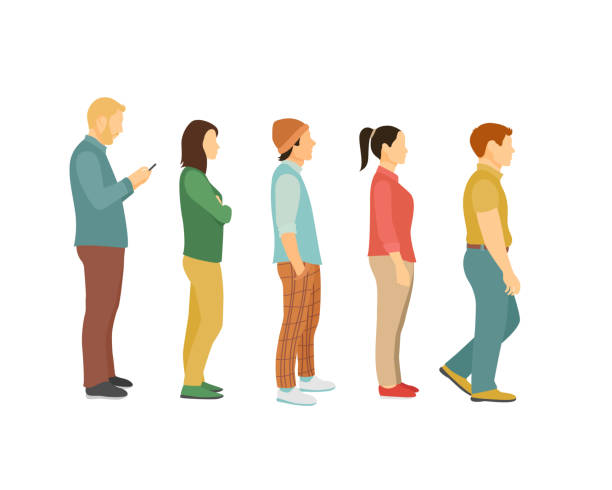ilustrações de stock, clip art, desenhos animados e ícones de men and women queue, one after another full view side. flat vector illustration - waiting in line people in a row in a row people