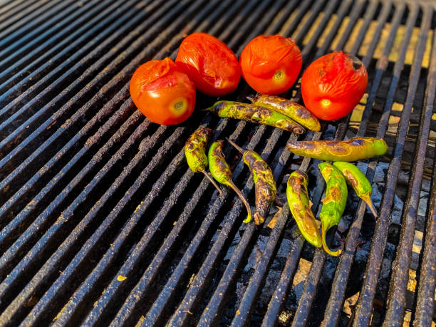 Red tomatoes and grilled chille peppers two of the main ingredients to make a sauce are the red tomato and the chili. Salsa is part of the food of the Mexican people, it accompanies meats, chicken, fish and there is an infinite variety of sauce styles. carabina stock pictures, royalty-free photos & images