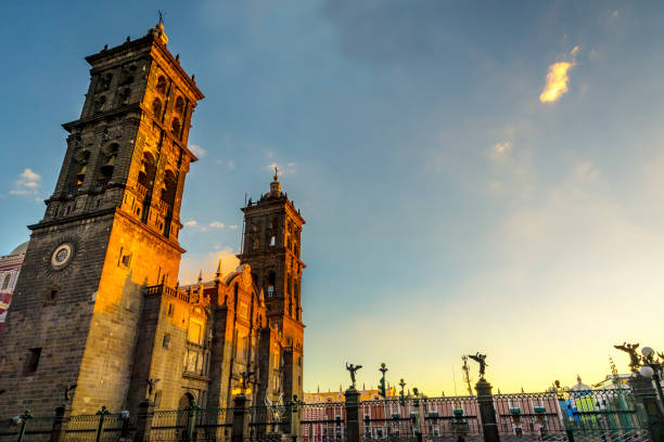 istock Facade Angels Outside Sunset Puebla Cathedral Mexico 1221496642